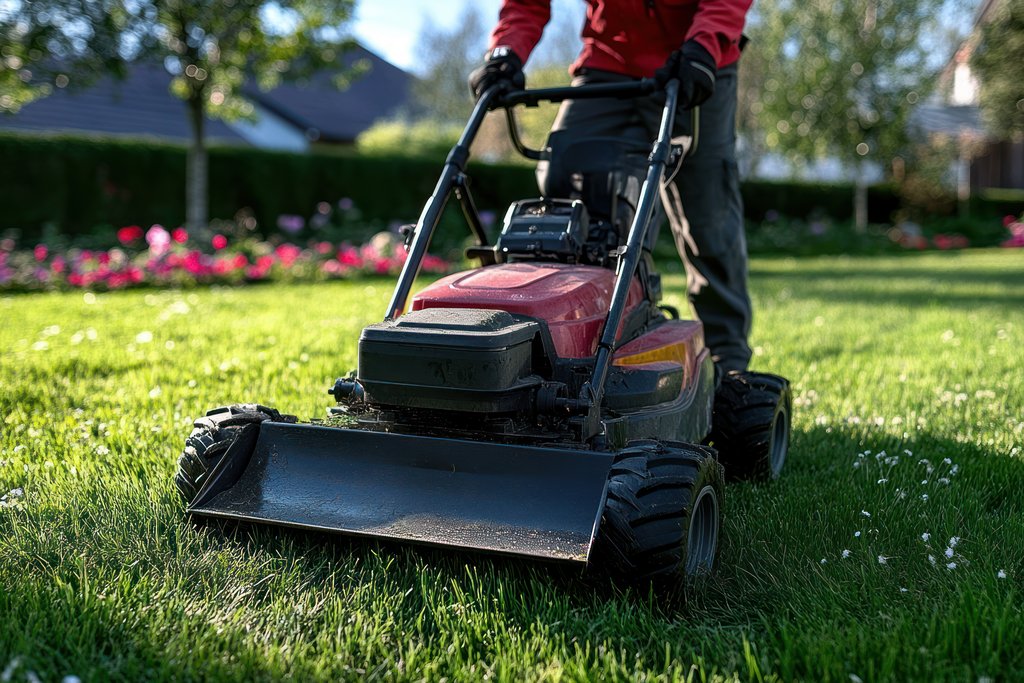 Springtime Garden Maintenance: Hardworking Gardener with Lawn Mower Tending to Greenery